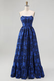 Dark Blue A Line Strapless Floral Jacquard Corset Maxi Dress