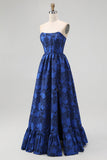 Dark Blue A Line Strapless Floral Jacquard Corset Maxi Dress