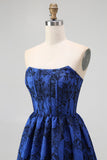 Dark Blue A Line Strapless Floral Jacquard Corset Maxi Dress