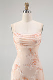Champagne A Line Cowl Neck Floral Burnout Long Bridesmaid Dress