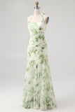 Green Flower A-Line Halter Pleated Long Bridesmaid Dress