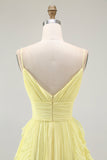 Yellow A Line Spaghetti Straps Chiffon Pleated Bridesmaid Dress with Ruffles
