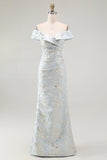 Off The Shoulder Blue Floral Jacquard Mermaid Ruched Prom Dress
