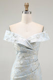 Off The Shoulder Blue Floral Jacquard Mermaid Ruched Prom Dress
