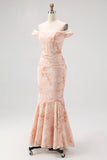 Off the Shoulder Mermaid Champagne Printed Ruched Wedding Guest Dress