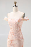 Off the Shoulder Mermaid Champagne Printed Ruched Wedding Guest Dress