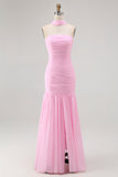 Blush Strapless Ruched Long Bridesmaid Dress with Slit