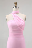 Sheath One Shoulder Blush Long Bridesmaid Dress with Streamer