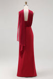 Burgundy One Shoulder Sheath Long Bridesmaid Dress with Streamer