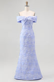 Floral Blue Mermaid Off the Shoulder Long Bridesmaid Dress