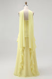 Yellow Ruffled Strapless Long Bridesmaid Dress with Streamer