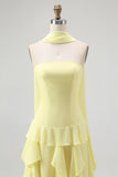 Yellow Ruffled Strapless Long Bridesmaid Dress with Streamer
