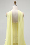 Yellow Ruffled Strapless Long Bridesmaid Dress with Streamer