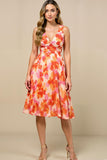 A Line V Neck Printed Sunset Pleated Midi Summer Dress
