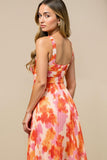 A Line V Neck Printed Sunset Pleated Midi Summer Dress