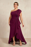 One Shoulder Burgundy Chiffon A-Line Choir Dress with Ruffles