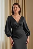 Pine Satin V-Neck Mermaid Long Mother of the Bride Dress with Sleeves
