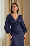Pine Satin V-Neck Mermaid Long Mother of the Bride Dress with Sleeves