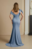 Dusty Blue Satin Off The Shoulder Mermaid Long Mother of the Bride Dress with Bow