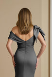Dusty Blue Satin Off The Shoulder Mermaid Long Mother of the Bride Dress with Bow