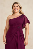 Burgundy One Shoulder A-Line Appliqued Long Chiffon Choir Dress