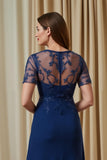 Navy A Line Appliqued Illusion Neck Long Choir Dress with Short Sleeves