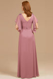 A-Line Grape V-Neck Ruched Flutter Sleeve Long Mother of the Bride Dress