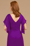 A-Line Grape V-Neck Ruched Flutter Sleeve Long Mother of the Bride Dress