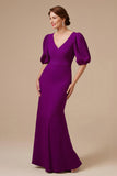 Grape Mermaid V Neck Satin Long Mother of the Bride Dress with Sleeves