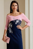 Navy Off The Shoulder 3/4 Sleeve Mother of the Bride Dress with Lace Appliques