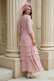 Blush A Line V Neck Tiered Long Mother of the Bride Dress with Lace