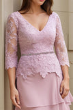 Blush A Line V Neck Tiered Long Mother of the Bride Dress with Lace
