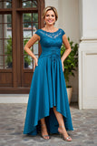 Peacock Blue A Line Round Neck High-Low Mother of the Bride Dress with Lace Appliques