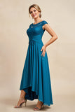 Peacock Blue A Line Round Neck High-Low Mother of the Bride Dress with Lace Appliques