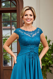 Peacock Blue A Line Round Neck High-Low Mother of the Bride Dress with Lace Appliques