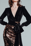 Sparkly Black and Coffee Sequins Sheath Long Formal Dress with Belt