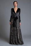 Sparkly Black A Line Sequins Long Formal Dress with Bow