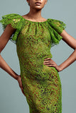 Green Lace Sheath Boat Neck Long Formal Dress with Sleeves
