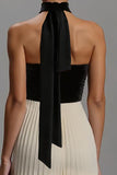 Black and Ivory A Line Chiffon Pleated Long Formal Dress