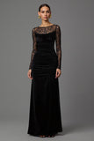 Black Velvet Boat Neck Long Formal Dress with Lace
