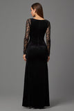 Black Velvet Boat Neck Long Formal Dress with Lace