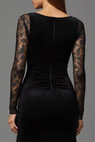 Black Velvet Boat Neck Long Formal Dress with Lace