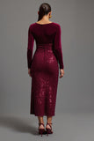 Sparkly Burgundy Sheath Sequins Long Formal Dress with Slit