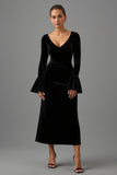 Black Sheath Velvet V-Neck Long Formal Dress with Sleeves