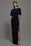 Navy Sheath Velvet Bateau Neck Long Formal Dress with Slit