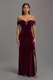 Burgundy Velvet Off the Shoulder Long Formal Dress with Slit