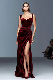 Burgundy Sheath Velvet Ruched Long Formal Dress with Slit