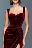 Burgundy Sheath Velvet Ruched Long Formal Dress with Slit