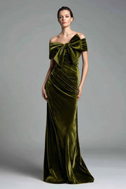 Olive Sheath Off the Shoulder Velvet Long Formal Dress with Bow