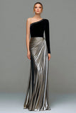 Sparkly Black and Grey Metallic One Shoulder Long Formal Dress